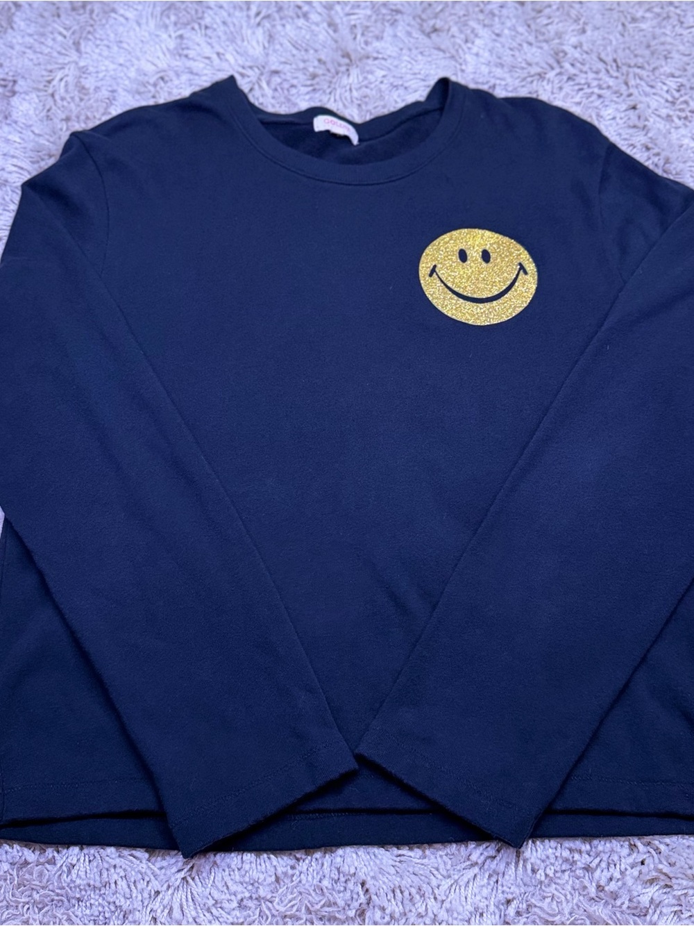 Goldie LeWinter Black Glitter Smiley Face Long Sleeve Top Large Graphic Tee